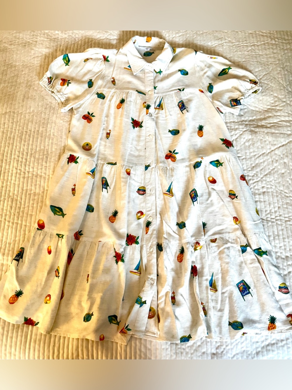 Jane+Delancey Cream Colored Tropical Print Button-Down Tiered Dress